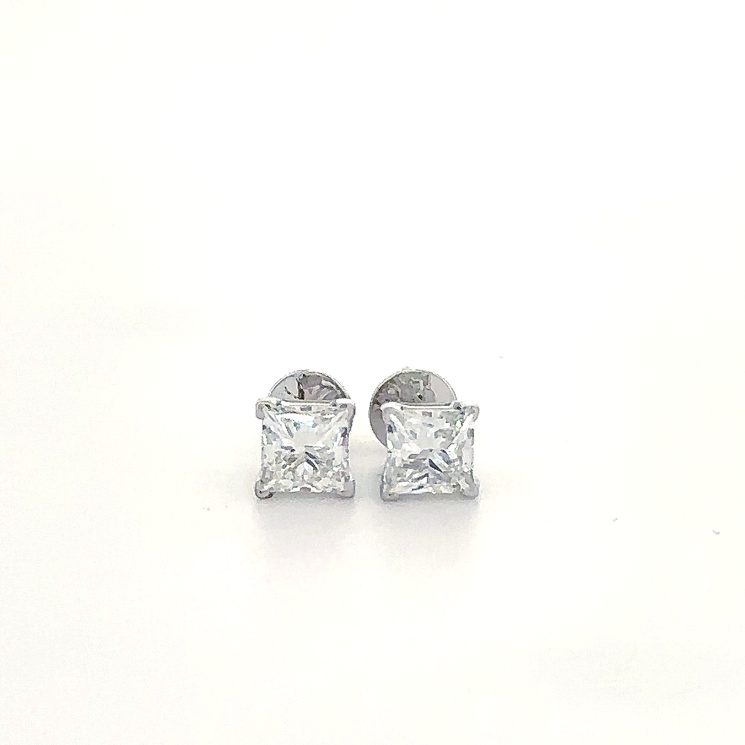 Silver Princess-Cut Stud Earrings