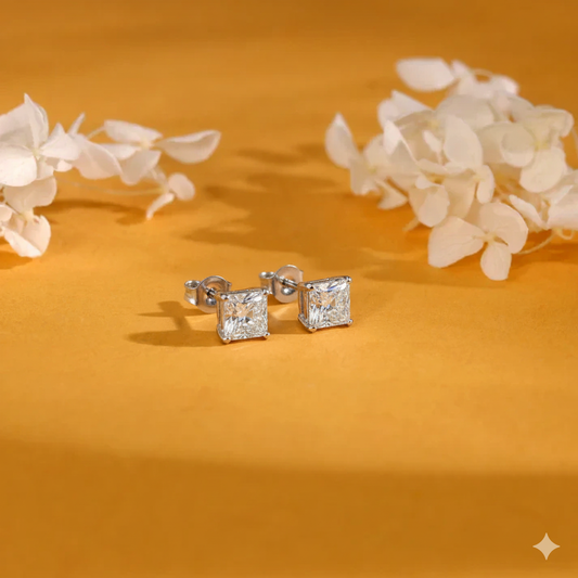 Silver Princess-Cut Stud Earrings