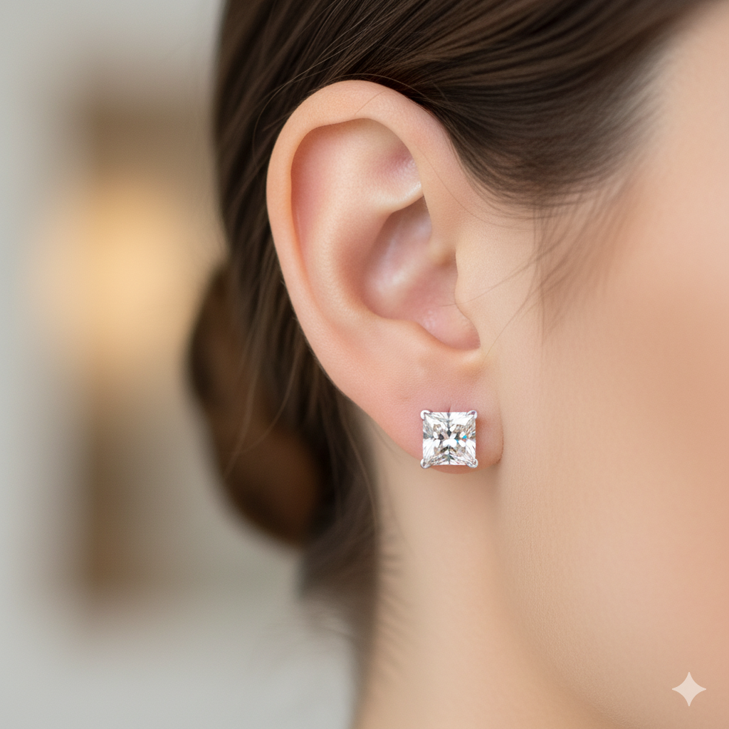 Silver Princess-Cut Stud Earrings