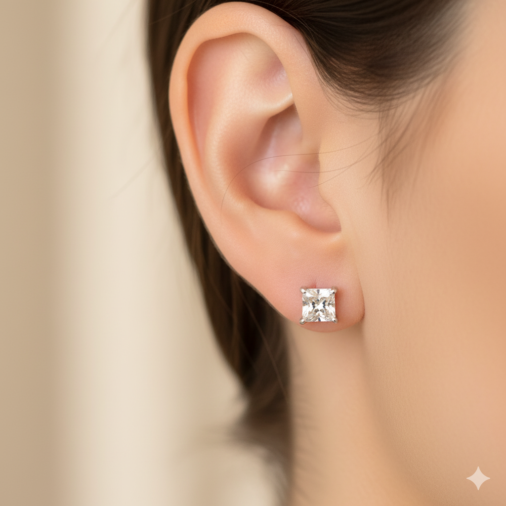 Silver Square Stone Stud Earrings