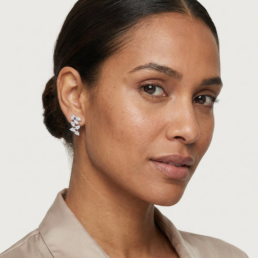 Floral Diamond Earrings – White Gold Finish