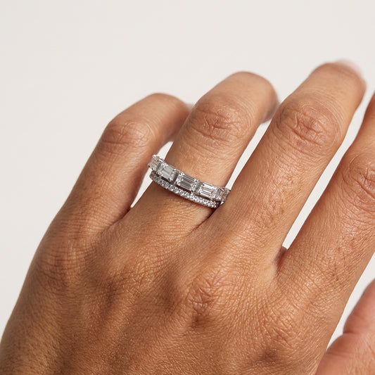 Emerald Cut Diamond Band Ring – White Gold Finish