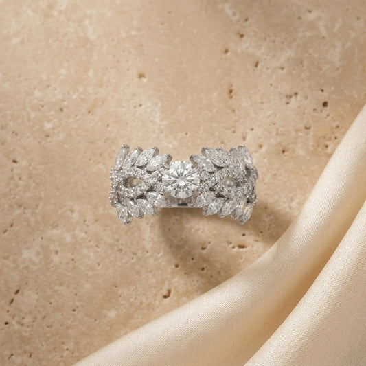 Leaf Cluster Diamond Ring with Solitaire – Silver